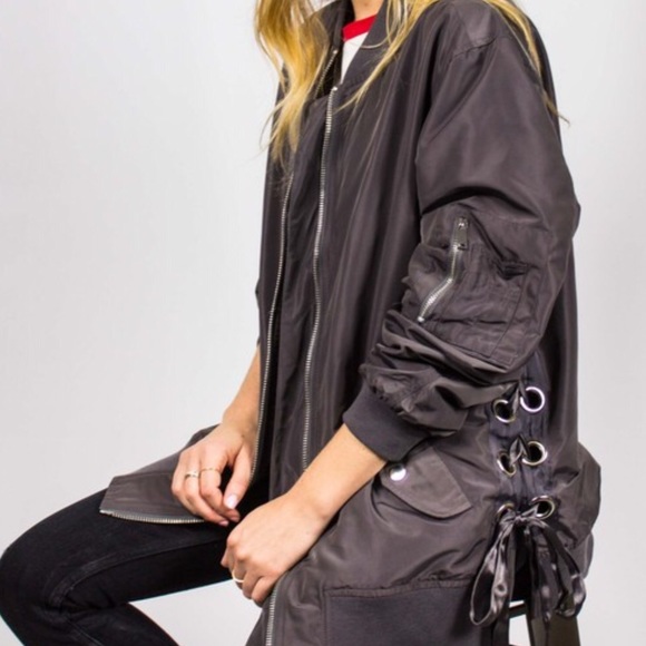 Grey Lace Up Bomber Jacket - Picture 2 of 8